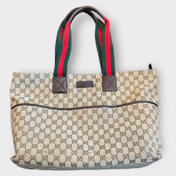 Authentic Gucci Web Canvas GG Diaper Bag Tote Handbag Red Green - Picture 1 of 14